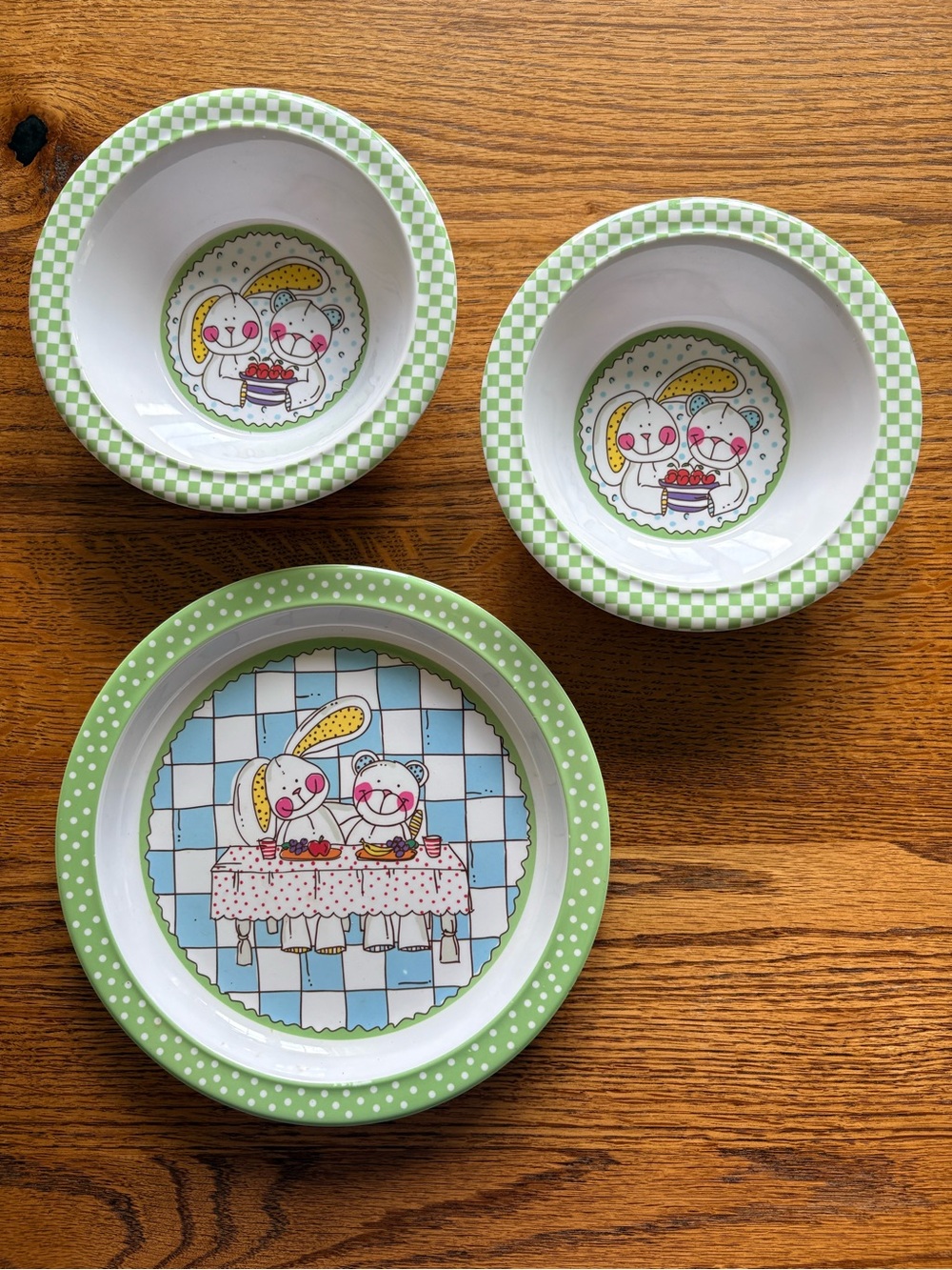 Vera Bradley Green Polka & Check Melamine Bowl and Plate Set - Cute Bunny Design - Picture 1 of 9